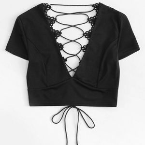 NWOT Lace up back plunge neck crop top